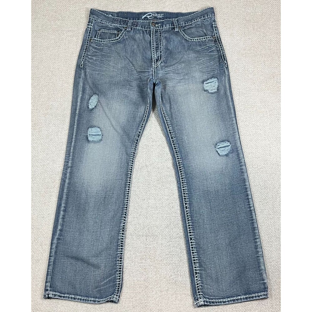 Request Jeans Men's 40x34 (Fits 41x33) Straight Blue Denim Distressed Y2K